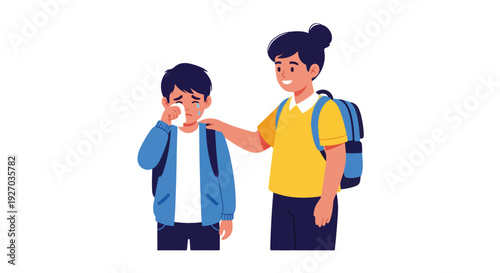 Teenager comforting a boy who is crying in a school setting.