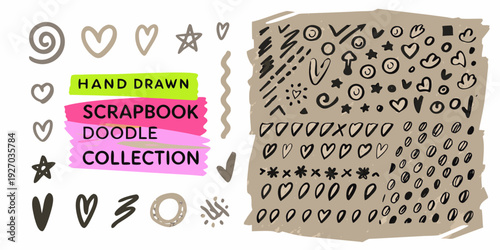 Hand drawn scrapbook doodles hearts stars and various shapes