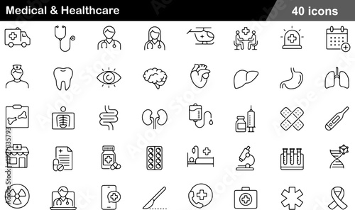 40 Medical and Healthcare Icon Set Doctor, Hospital, Anatomy, Pharmacy and Diagnostic Symbols in Minimalist Black and White Line Art