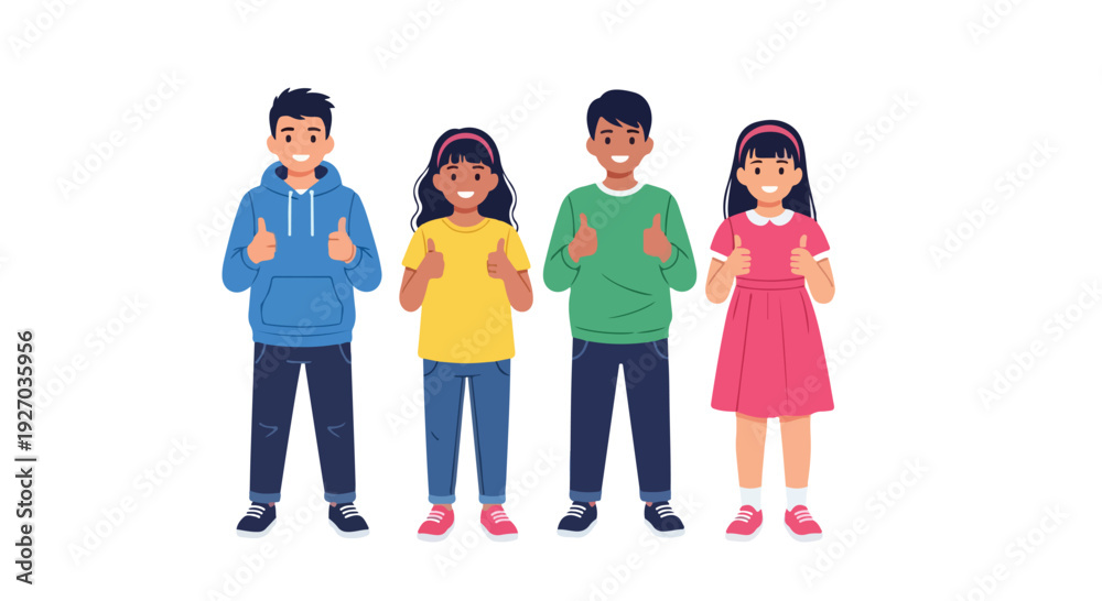 Fototapeta premium Four diverse cartoon people giving thumbs up standing in a row on a white background.