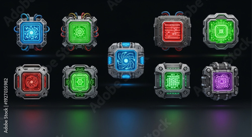Futuristic digital glowing cubes with intricate circuit board designs and vibrant colors.