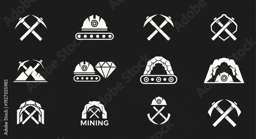 Mining industry icons depicting tools, equipment, and underground tunnel structures.