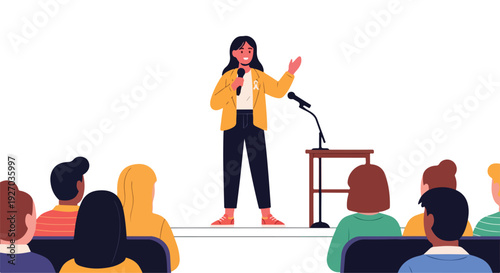 Woman giving a presentation to a group of people in a lecture setting.