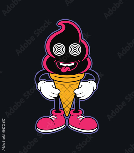 Trippy cartoon ice cream cone mascot with spiral eyes and pink sneakers in retro rubber hose style