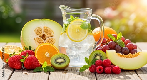Refreshing fruit arrangement with water pitcher for healthy lifestyles