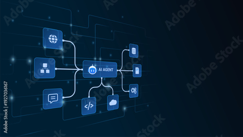 AI workflow automation artificial intelligence. ai agent workflow diagram processing nodes, database, coding, and system integration.