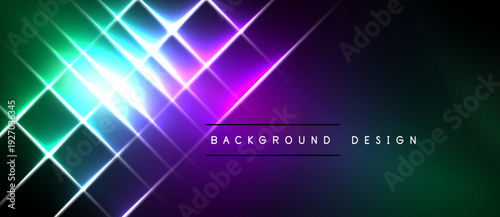 Vibrant neon lines intersect, creating dynamic light effects. Gradient transitions from teal to magenta dominate dark background. Modern design element.