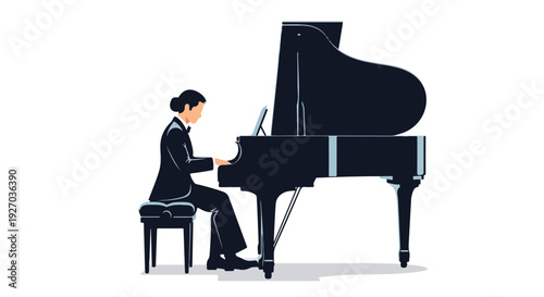 A man in a suit sits playing a grand piano with sheet music on the stand.