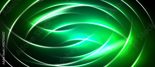 Bright green lines swirl, creating abstract circular patterns against dark background. Intense glow emanates from center. Dynamic, modern design.