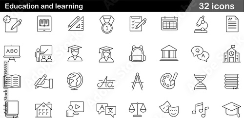 32 Education and Learning Icon Set Graduation Cap, Books, Microscope, Test Paper and Certificate Symbols in Minimalist Black and White Line Art