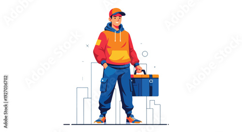 A man in a colorful outfit holds a toolbox in front of a city skyline.