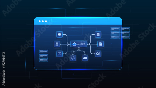 AI workflow automation artificial intelligence. ai agent workflow diagram dashboard processing nodes, database, coding, and automation system integration.
