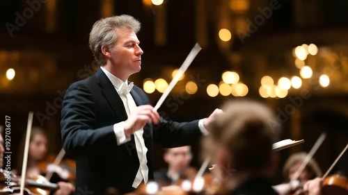 Bathed in warm golden light, conductor leading orchestra with passion, musicians synchronized in beautiful symphony performance, orchestral concert scene, musical direction