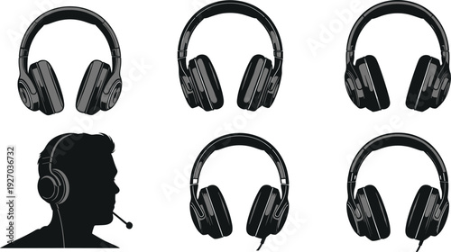 Vector illustration set of professional gaming headphones and headset silhouette with man profile, modern audio equipment