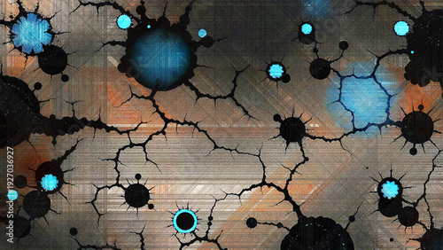 Abstract cracked surface with black circular nodes connected by branching lines and glowing blue centers on a textured metallic background.