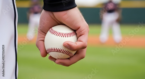 Close-up of a baseball pitchers hand holding a baseball on a baseball field.