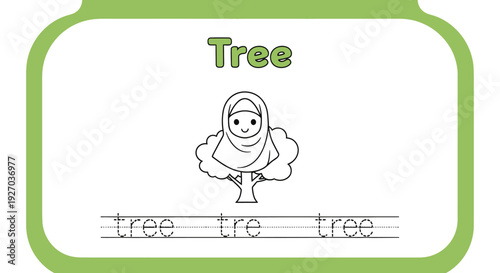 Tree tracing worksheet for kids with girl in hijab