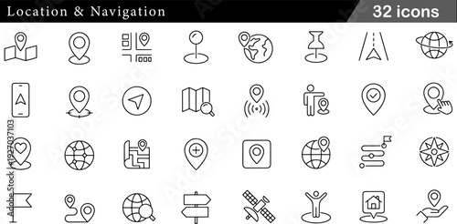 32 Location and Navigation Icon Set Map Pins, GPS Satellite, Directional Arrows and Wayfinding Symbols in Minimalist Black and White Line Art
