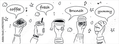 Illustration of hands holding coffee and pastries, including buns and sweet treats. Hand drawn doodle style, perfect for breakfast, cafe, menu design, and social media.