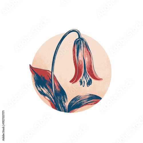 Illustration of a single flower, red petals, blue stem, in a peachy circle on black