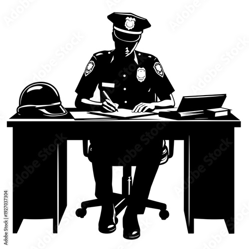 Police officer writing at desk in station