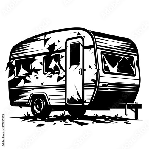 Vintage campervan with shattered windows, black and white, abandoned