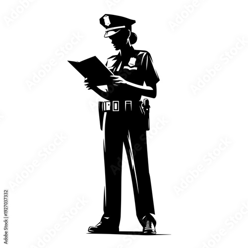 Police officer reading notebook standing upright