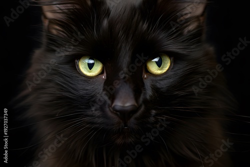 Close-up portrait of a fluffy black cat with striking yellow eyes against a dark background.