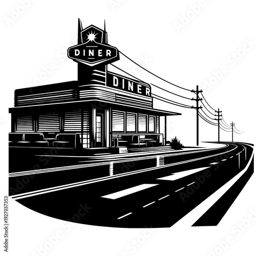 Vintage diner illustration, black-and-white, retro, nostalgic roadside eatery
