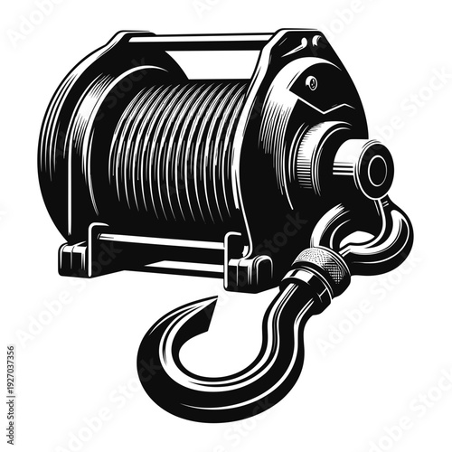 Heavy-duty winch with cable and hook, black, industrial, towing