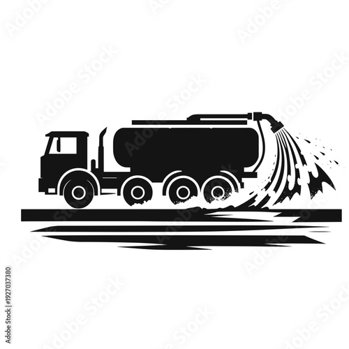 Vacuum truck illustration, black and white, sanitation vehicle