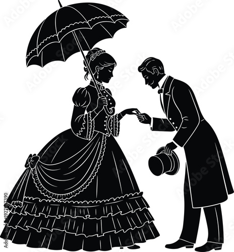 Victorian era romantic couple silhouette with a gentleman bowing to a lady holding an umbrella for classic vintage love concepts.