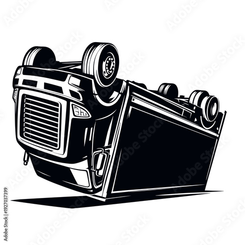 Upside-down truck graphic black white rollover accident illustration