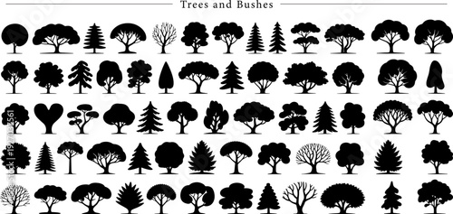 70 Trees and Bushes Silhouette Set Diverse Deciduous, Coniferous and Tropical Tree Shapes for Landscape Design and Nature Mapping