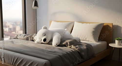 Cute polar bear stuffed animal sleeping on a comfortable bed in a modern bedroom.