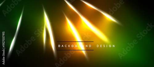 Abstract neon lights, vibrant green, yellow, orange hues. Diagonal beams create dynamic visual effect. Dark background emphasizes luminosity.