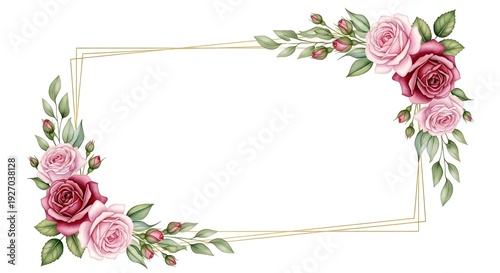Elegant Rectangular Frame Decorated with Pink and Burgundy Roses and Green Leaves.