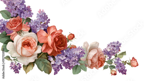 Watercolor floral corner arrangement with roses and lavender blooms on a black background