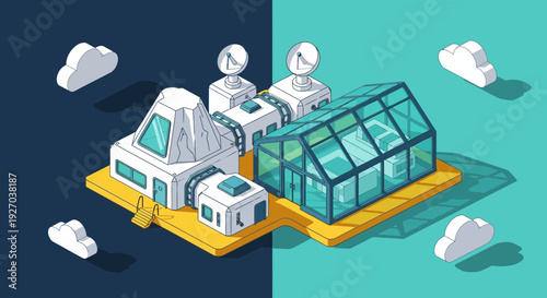 Futuristic Greenhouse and Server Room Illustration.