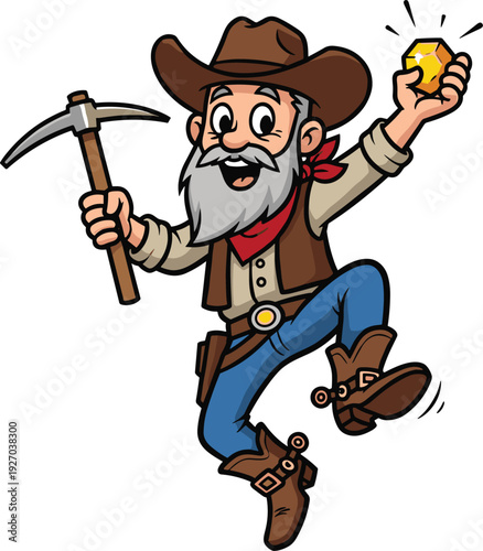 Happy cartoon gold prospector character jumping with joy holding a pickaxe and a gold nugget isolated on white background vector