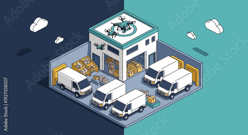 Isometric Warehouse with Trucks and Packages.
