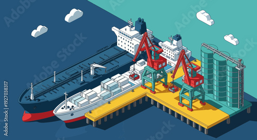 Isometric Illustration of Ship at Dock with Crane.