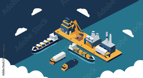 Isometric Illustration of Industrial Offshore Oil Rig Platform.