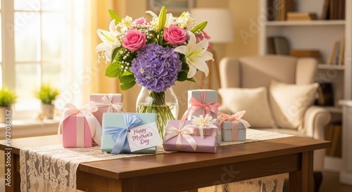 Wallpaper Mural Mothers Day celebration with flowers and gifts on a wooden coffee table in a cozy living room with a window and armchair Torontodigital.ca