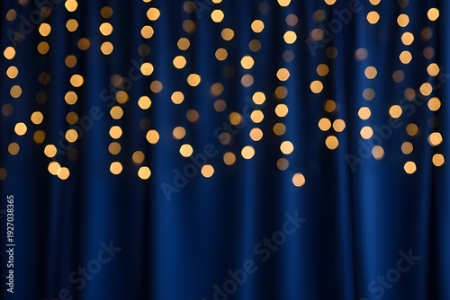 Festive golden bokeh lights hanging against a dark blue curtain background.