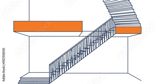 Staircase with Metal Railing and Orange Balconies.