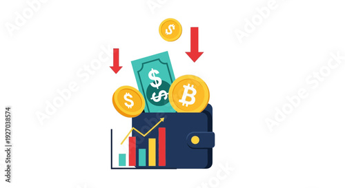 Wallet with Money and Cryptocurrency Falling.