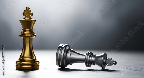 Golden chess king standing tall over fallen silver king symbolizing victory and defeat.