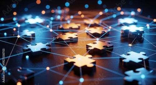 Interconnected puzzle pieces glowing with blue and orange light, forming a complex network on a dark background, symbolizing teamwork, problem-solving, and technological collaboration.