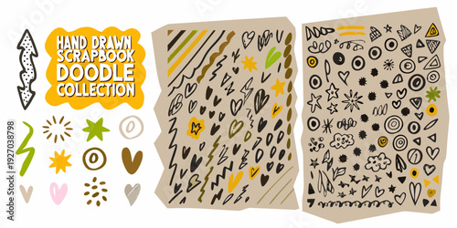 Hand drawn scrapbook doodle collection with various shapes and patterns